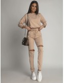 Sports tracksuit set with slits on the knees, beige FI608 - Online store - Boutique